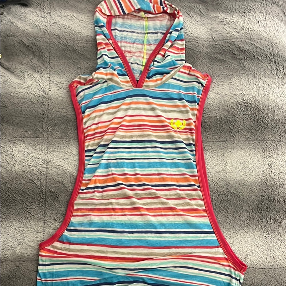 RARE VINTAGE! Andrew Christian. Sexy Stripe hooded Sleeveless muscle tank hoodie